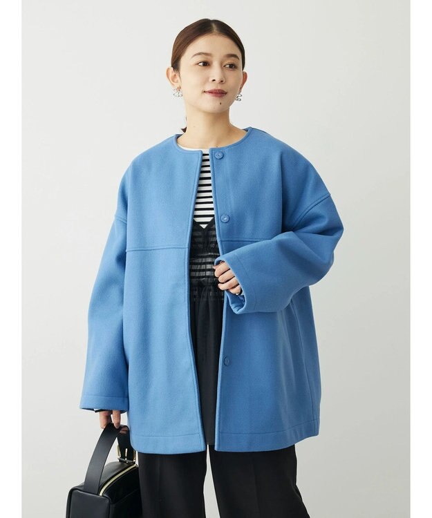 Green Parks 洗えるノーカラーショートコート Blue