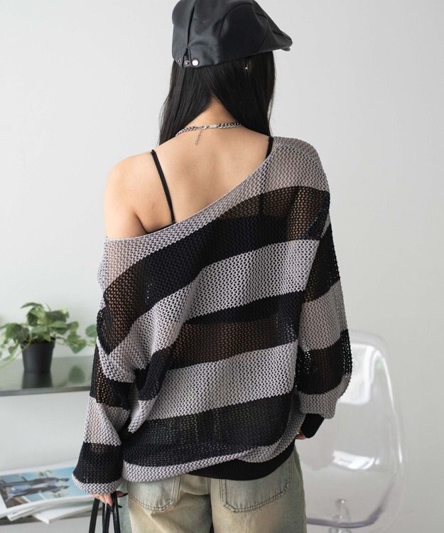 WEGO オフショルメッシュニット グレーボーダー