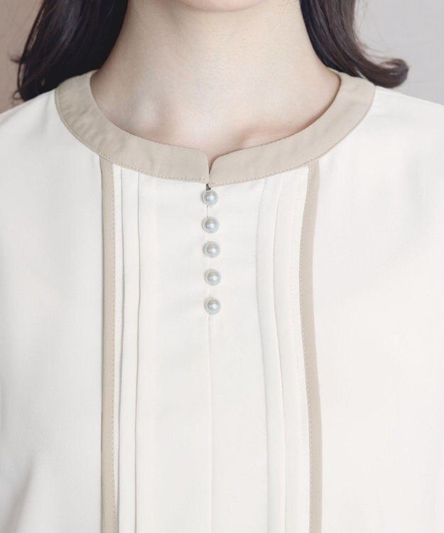 Tiaclasse 【洗える】ピンタック配色ブラウス アイボリー×ベージュ