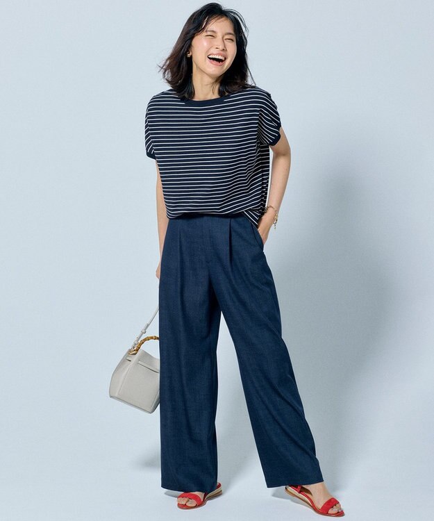 23区 【洗える/好評につき新色追加】レーヨンポリエステルストレッチ プルオーバー ニット ネイビー×オフボーダー