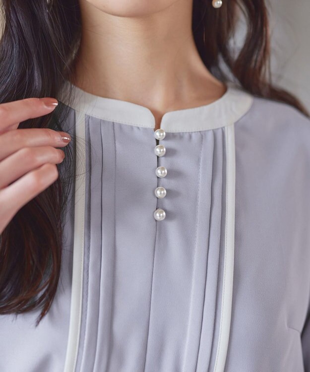 Tiaclasse L 【洗える】ピンタック配色ブラウス サックス×アイボリー