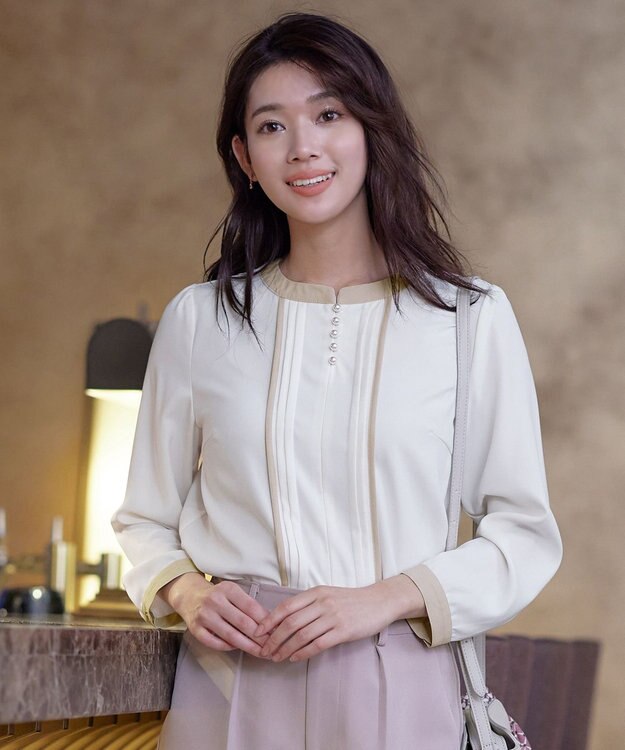 Tiaclasse L 【洗える】ピンタック配色ブラウス アイボリー×ベージュ