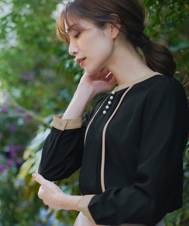 Tiaclasse L 【洗える】ピンタック配色ブラウス ブラック×ベージュ