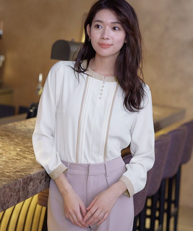 Tiaclasse L 【洗える】ピンタック配色ブラウス アイボリー×ベージュ