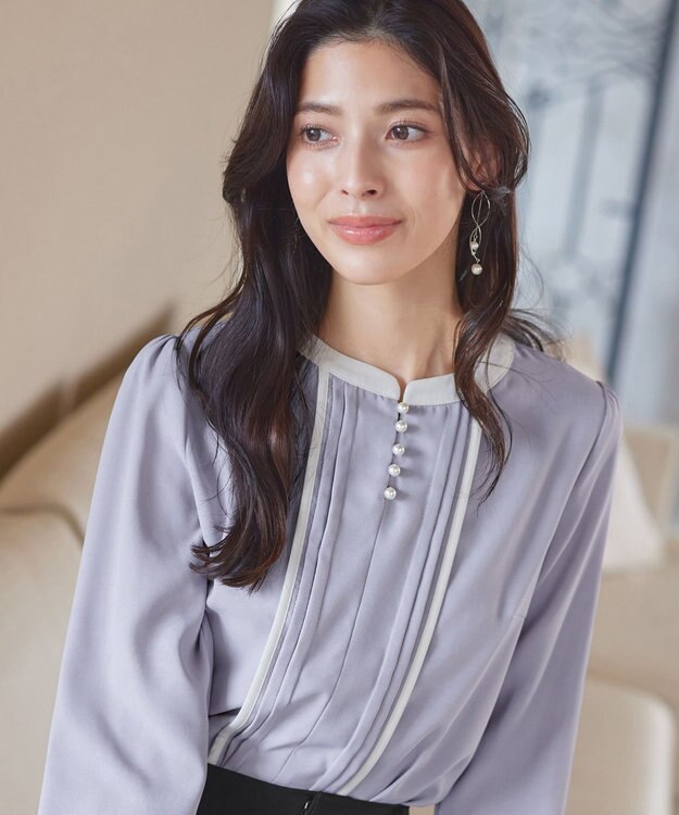 Tiaclasse L 【洗える】ピンタック配色ブラウス サックス×アイボリー