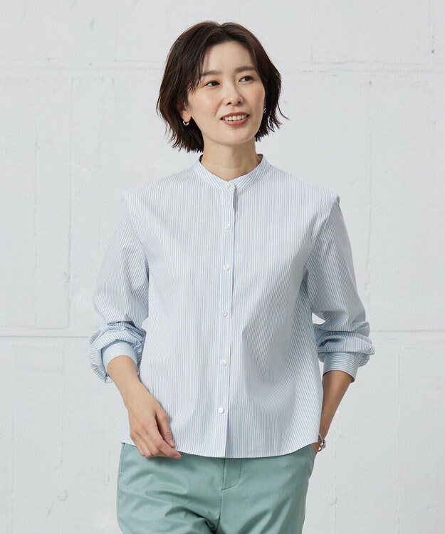 J.PRESS LADIES L 【洗える】BEZ VEGA バンドカラー ブラウス ホワイト×サックスブルー系