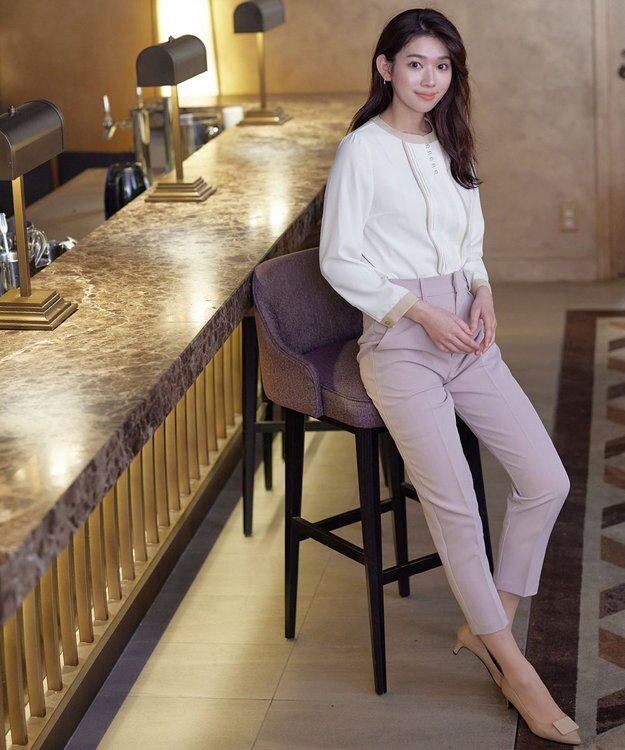 Tiaclasse L 【洗える】ピンタック配色ブラウス アイボリー×ベージュ