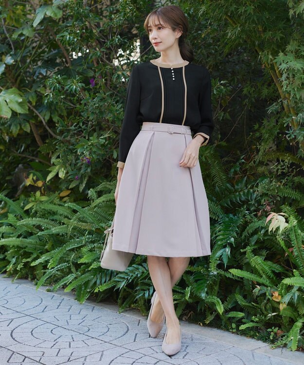 Tiaclasse L 【洗える】ピンタック配色ブラウス ブラック×ベージュ