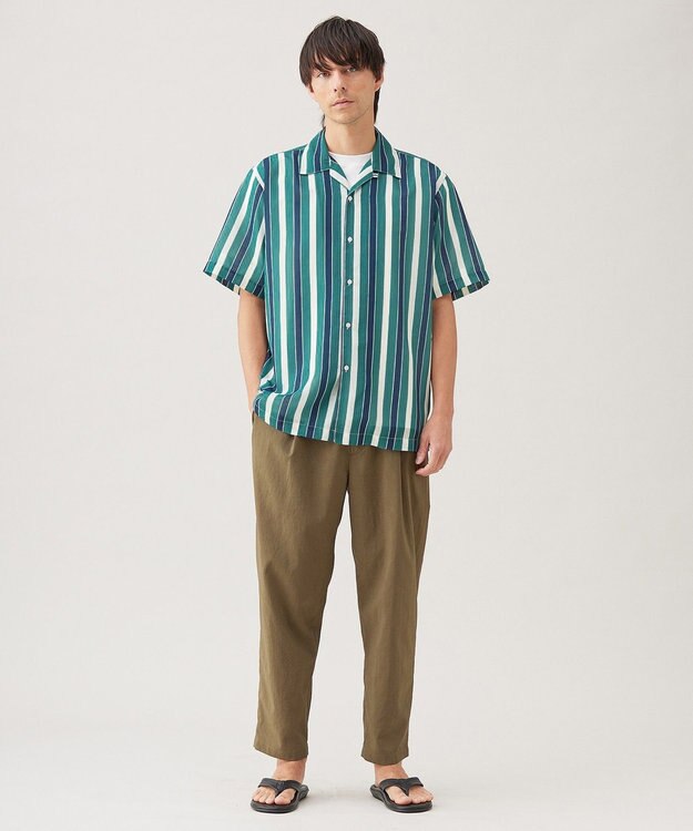 UNFILO MENS シアーメッシュプリント オープンカラーシャツ【ギフトにもおすすめ】 グリーンストライプ