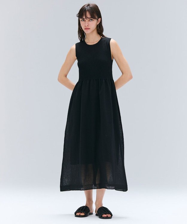 BEIGE， 【洗える】MILANO / リネン混シアーニットAラインワンピース Black