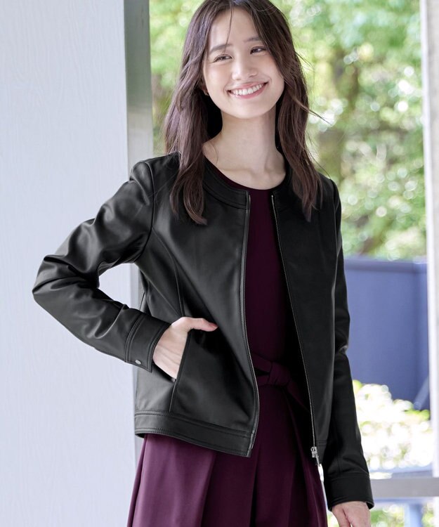 Tiaclasse L 【本革】ノーカラーシープレザージャケット ブラック