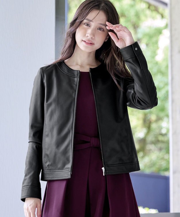 Tiaclasse L 【本革】ノーカラーシープレザージャケット ブラック