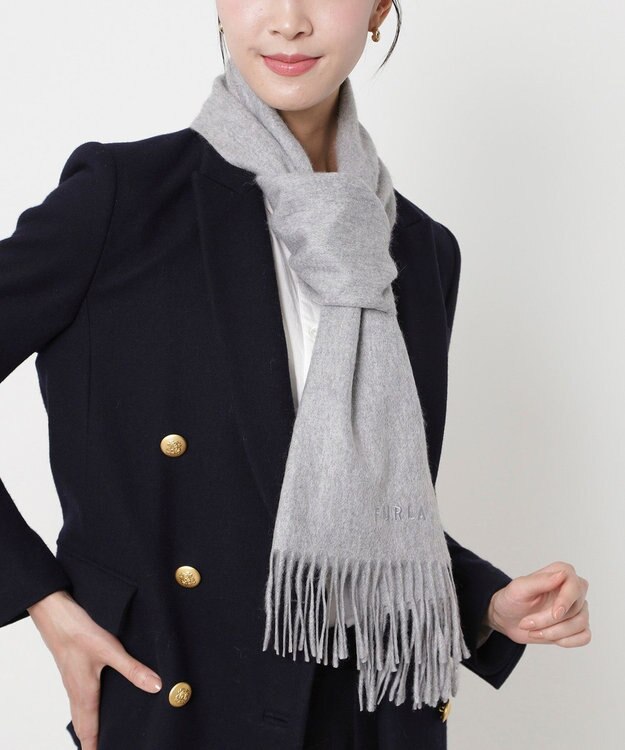 MOONBAT FURLA(フルラ）カシミヤ100％ 無地 マフラー ロゴ刺繍 手洗いOK グレー