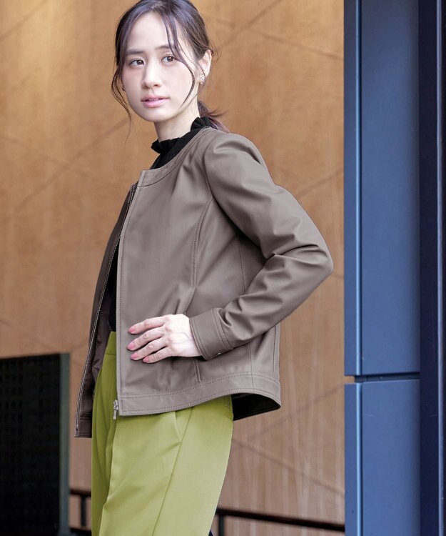 Tiaclasse L 【本革】ノーカラーシープレザージャケット モカ