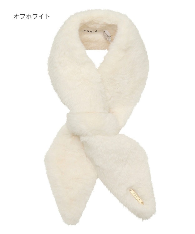 MOONBAT FURLA（フルラ）ファーティペット 差し込み 三角 ロゴプレート付 ファーマフラー フェイクファー オフホワイト