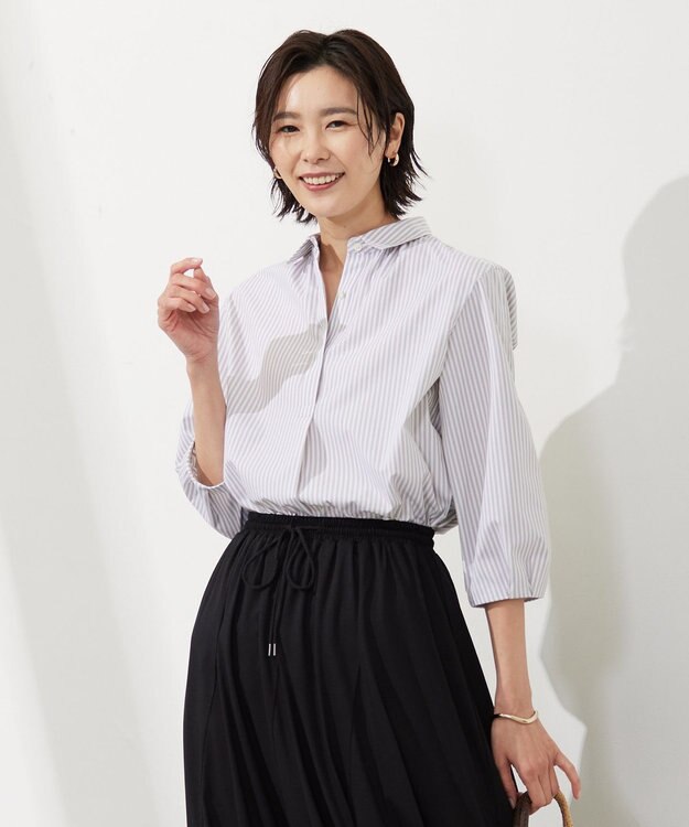 J.PRESS LADIES L 【WEB限定カラーあり・洗える・接触冷感・UVカット・イージーケア】 エステネージュストライプ ブラウス ライトグレー系1