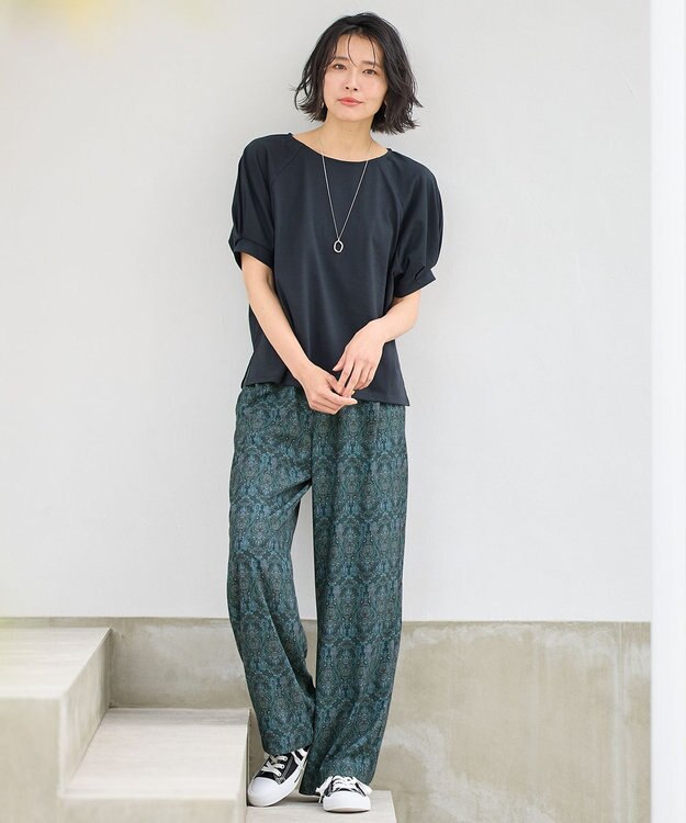 ANY L 【洗濯機可/ウエストゴム】ウェーブプリントパンツ ネイビー