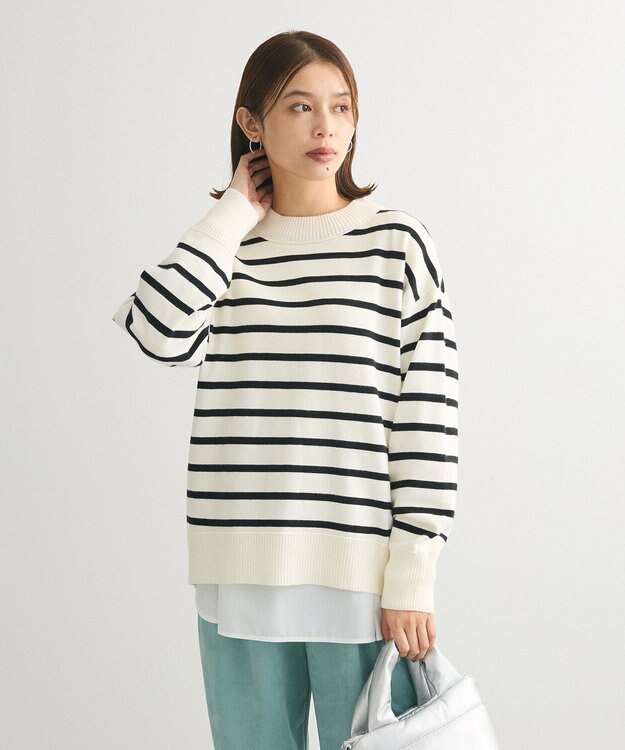 Green Parks もちやわモックネックニットプルオーバー Border