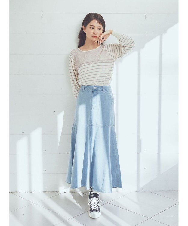 earth music&ecology レースボーダーニットプルオーバー Pink Beige