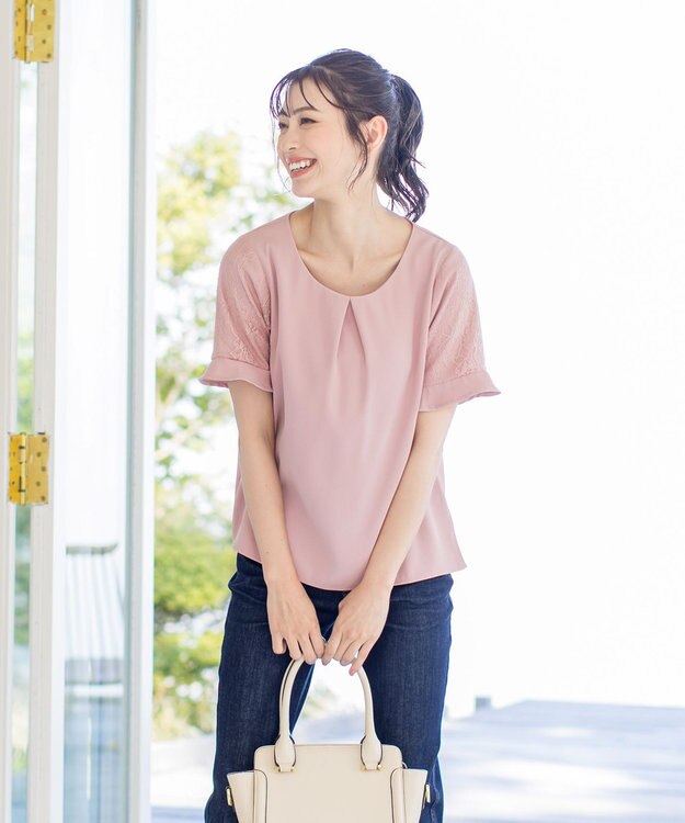 Tiaclasse 【新色追加・洗える】体型カバーも叶うレーススリーブブラウス ピンク