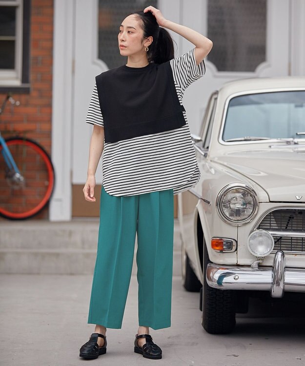 ANY 【洗濯機可能/ウエストゴム】美脚２タック ワイドパンツ ブルーグリーン