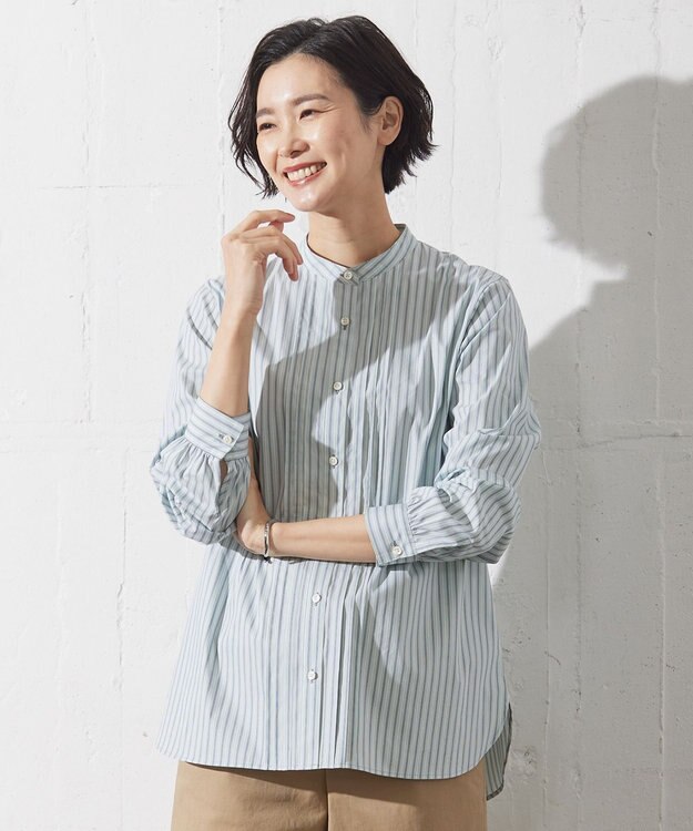 J.PRESS LADIES 【洗える】BEZ VEGA ストライプ ピンタック ブラウス スカイブルー系1