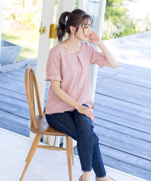 Tiaclasse 【新色追加・洗える】体型カバーも叶うレーススリーブブラウス ピンク