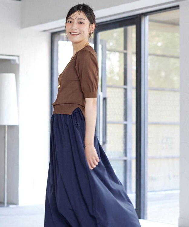 Tiaclasse L 【洗える】ニットドッキングワンピース ブラウン×ネイビー