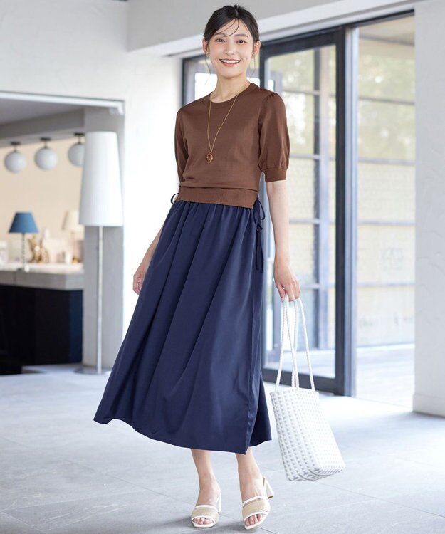 Tiaclasse L 【洗える】ニットドッキングワンピース ブラウン×ネイビー