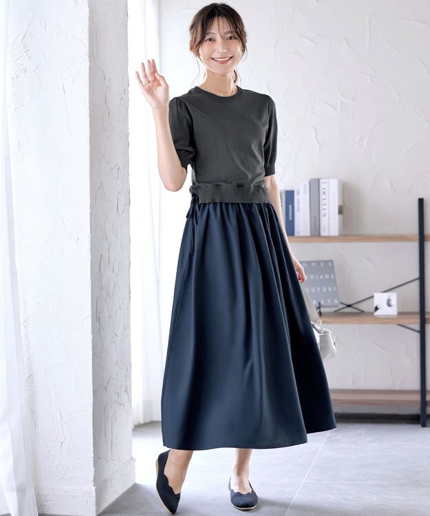 Tiaclasse 【洗える】ニットドッキングワンピース チャコールグレー×ネイビー