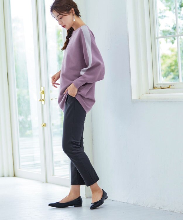 Tiaclasse 【洗える】配色ドルマンニットチュニック パープル×ラベンダー