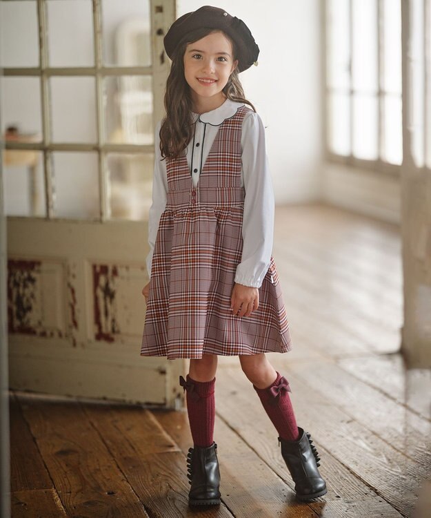 組曲 KIDS 【110-140cm】Chocolat de check ジャンパースカート ワイン×オレンジ系4