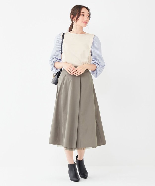 ANY SIS 【洗える】異素材コンビネジリパフ袖 プルオーバー アイボリー×ブルーストライプ