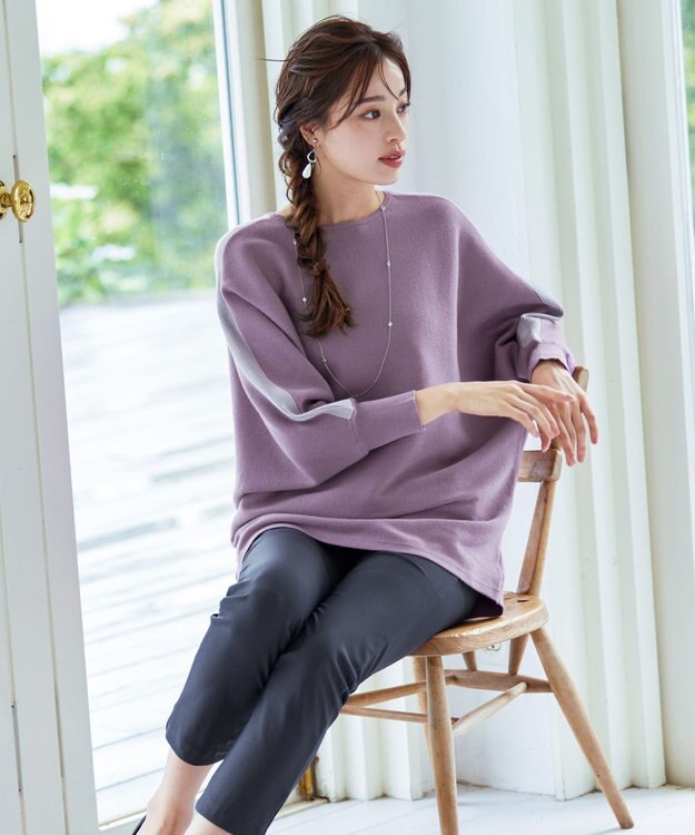 Tiaclasse 【洗える】配色ドルマンニットチュニック パープル×ラベンダー