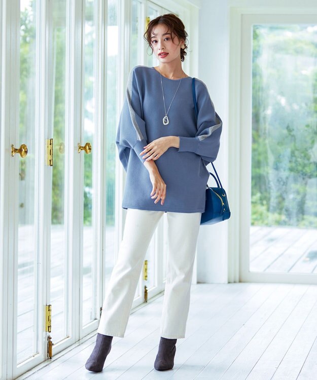 Tiaclasse 【洗える】配色ドルマンニットチュニック ブルー×グレー