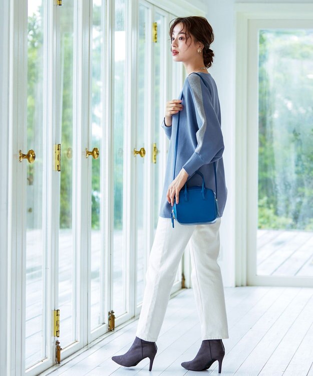 Tiaclasse 【洗える】配色ドルマンニットチュニック ブルー×グレー