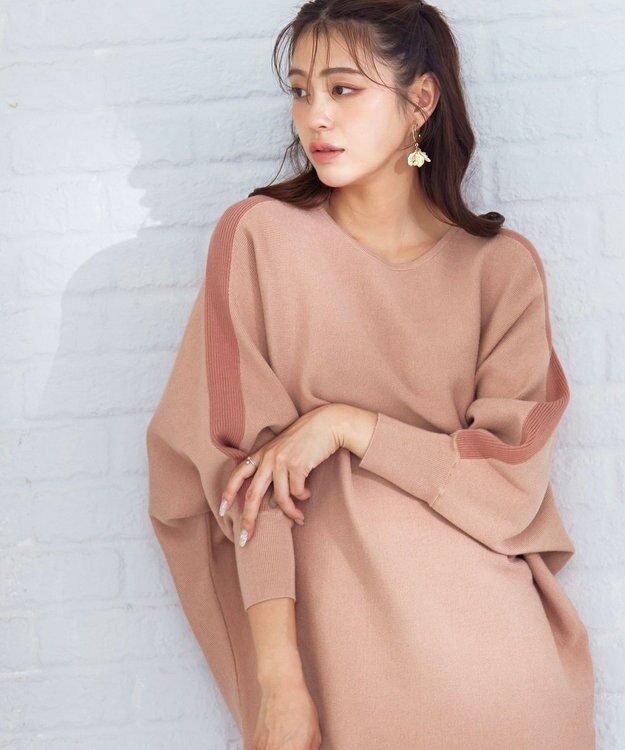 Tiaclasse 【洗える】配色ドルマンニットチュニック ライトピンク×ピンク