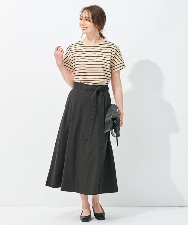 自由区 【洗える・ストレッチ素材】リネンヴィスコースストレッチ フレアスカート ブラック系