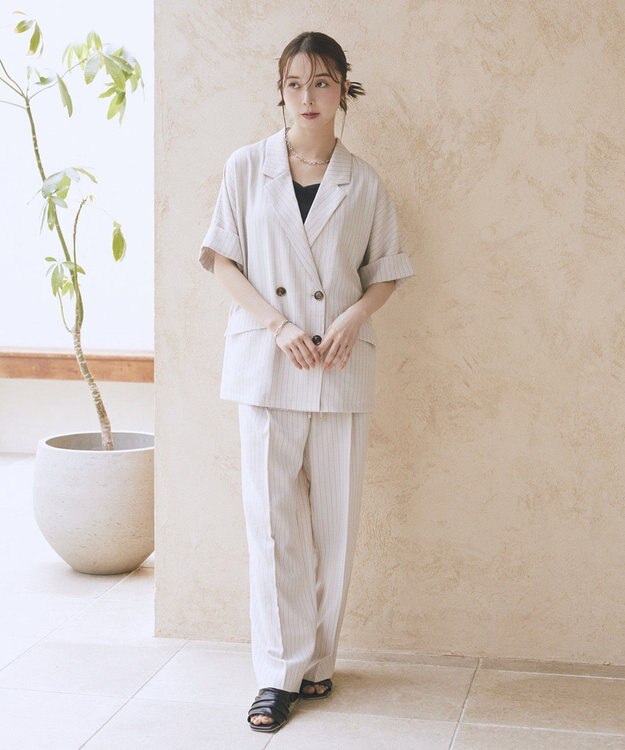 earth music&ecology 【セットアップ対応】リネンライクリラックスパンツ Stripe Ivory