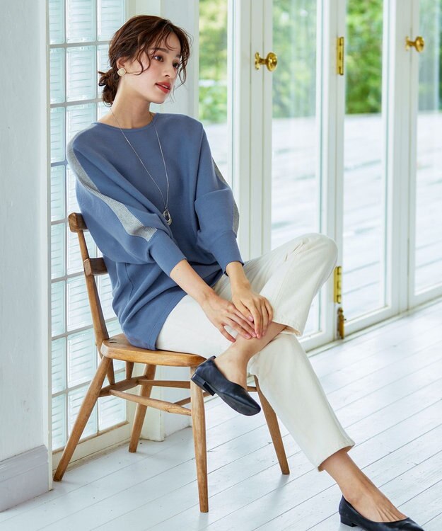 Tiaclasse 【洗える】配色ドルマンニットチュニック ブルー×グレー