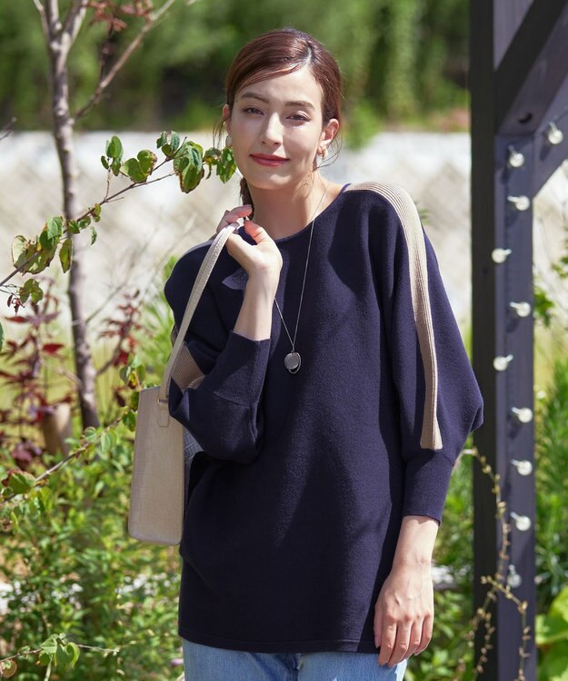 Tiaclasse 【洗える】配色ドルマンニットチュニック ネイビー×グレージュ