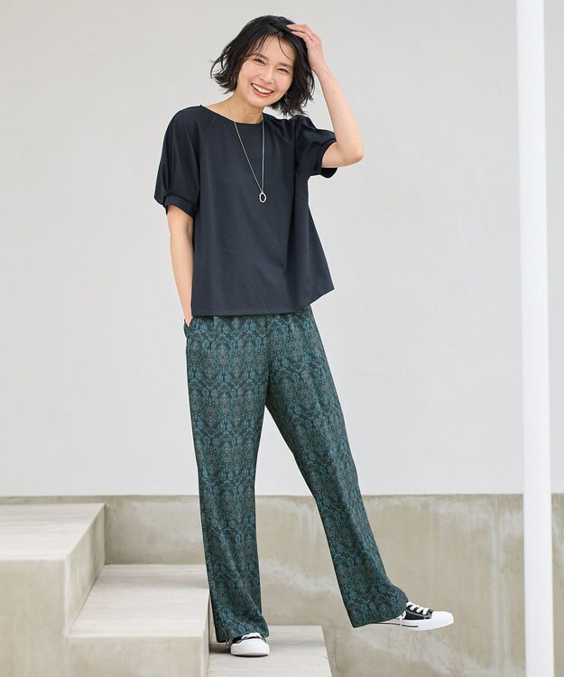 ANY L 【洗濯機可/ウエストゴム】ウェーブプリントパンツ ネイビー