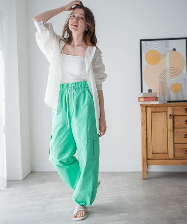 WEGO 【ウエストゴム】ナイロンイージーワイドカーゴパンツ ライム