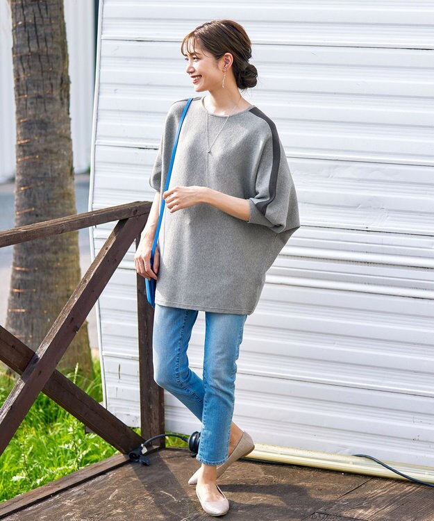 Tiaclasse 【洗える】配色ドルマンニットチュニック ライトグレー×チャコール