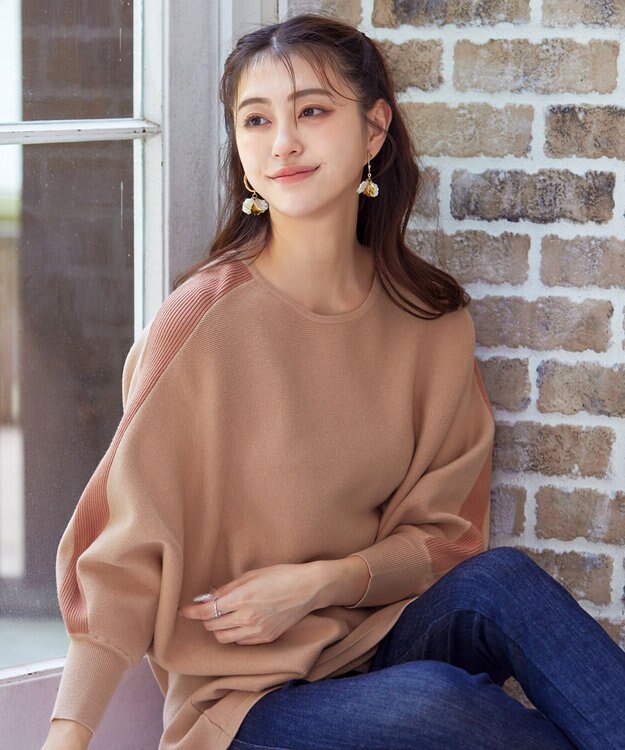 Tiaclasse 【洗える】配色ドルマンニットチュニック ライトピンク×ピンク