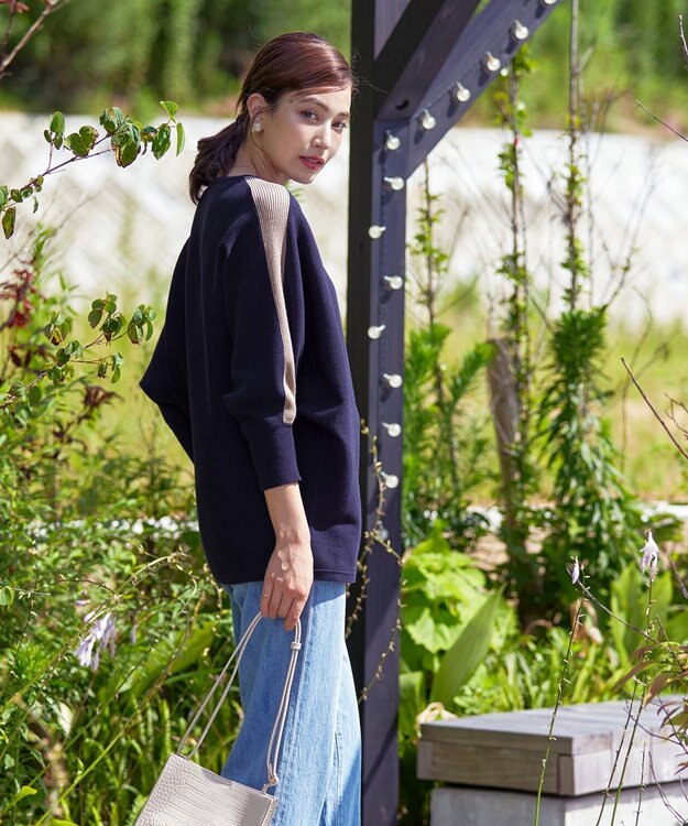 Tiaclasse 【洗える】配色ドルマンニットチュニック ネイビー×グレージュ