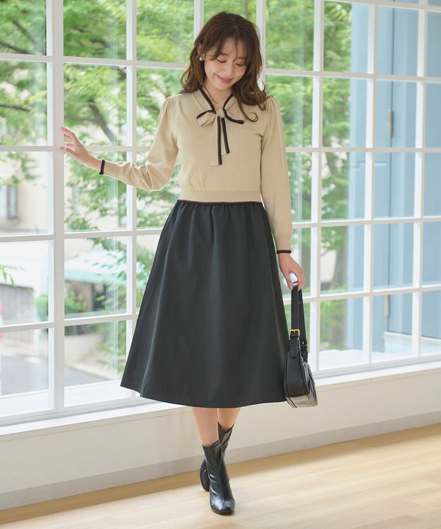 Feroux 【洗える】ニットドッキング ボウタイワンピース ベージュ系