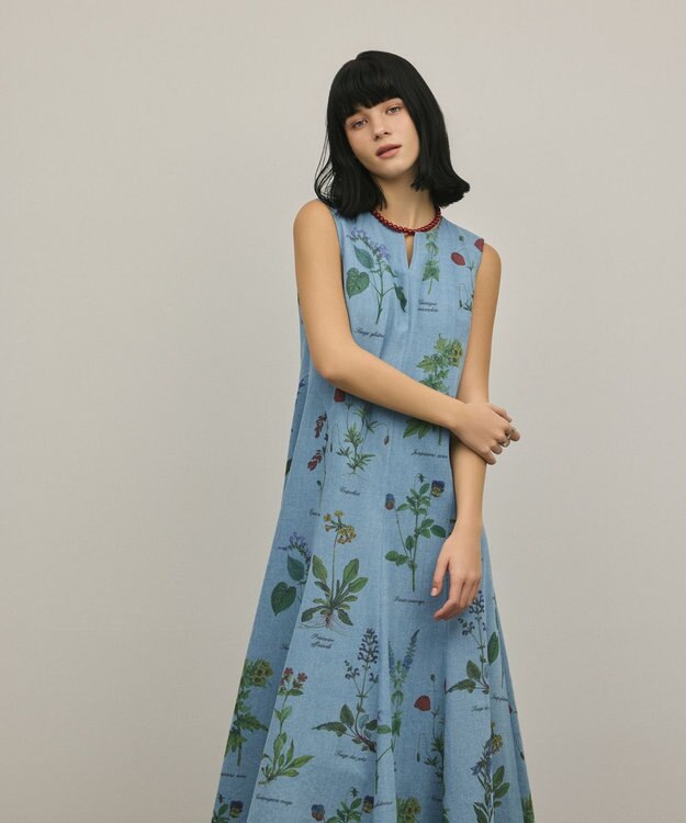 GRACE CONTINENTAL ボタニカルプリントフレアワンピース ブルー