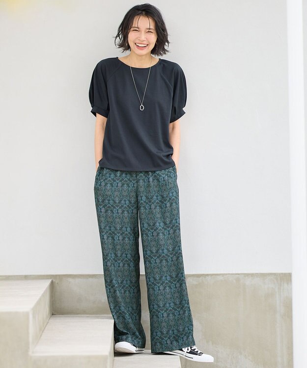 ANY 【洗濯機可/ウエストゴム】ウェーブプリントパンツ ネイビー