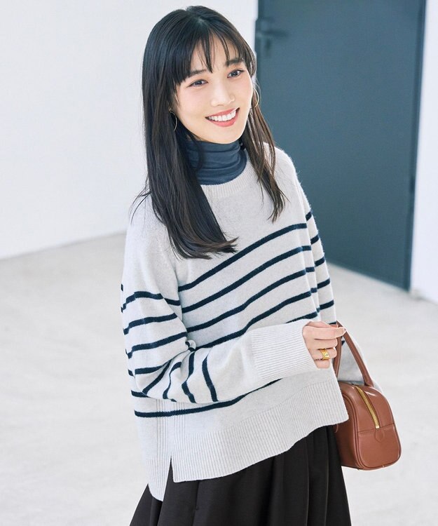 UNFILO L カシミヤブレンド クルーネックニット グレーボーダー